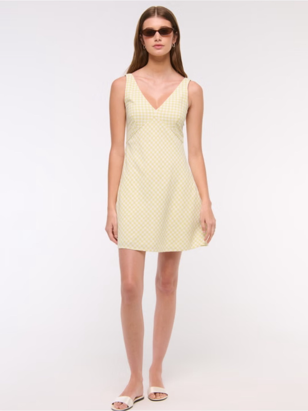 NWT Abercrombie & Fitch V-Neck Linen-Blend Mini Dress in Yellow Gingham